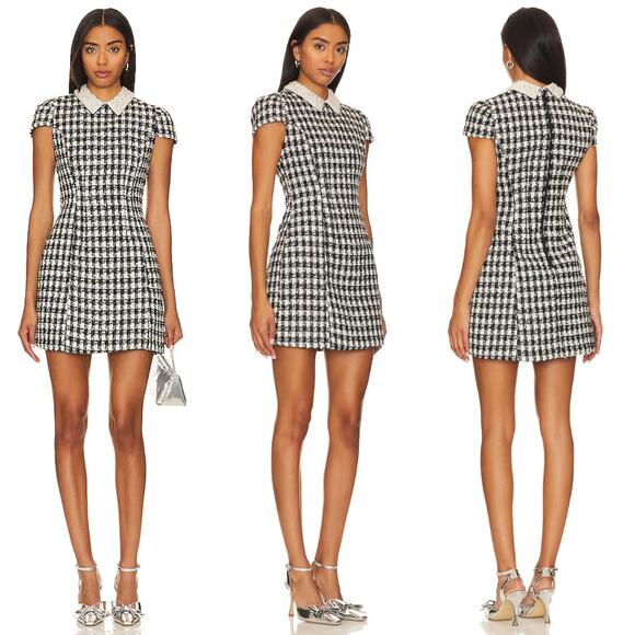 Alice + Olivia | Velia Tweed Mini Dress Black & Off White Crystal Pearl Collar 4 - Picture 3 of 16